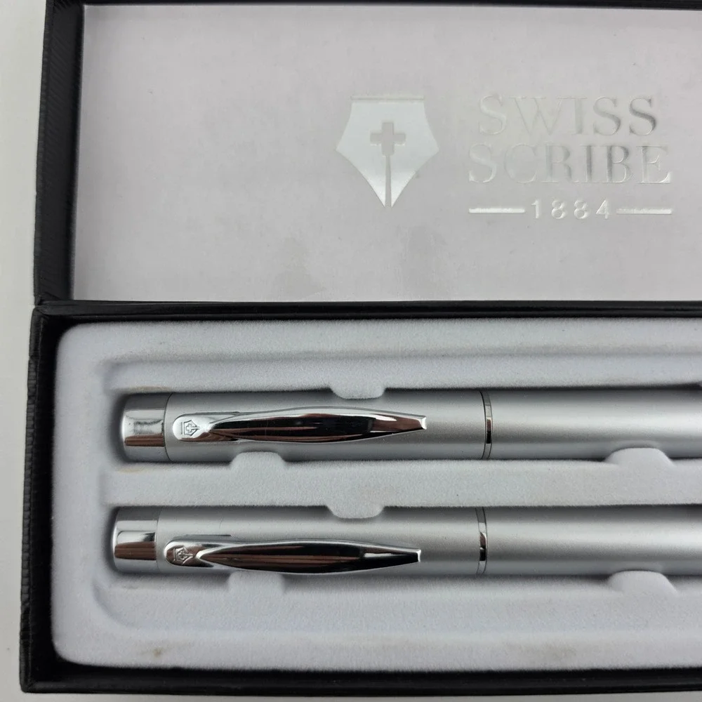 Swiss Scribe Ballpoint Pen Pencil Set of 2 2-Pack Gift Boxed Granite GOOD Desk